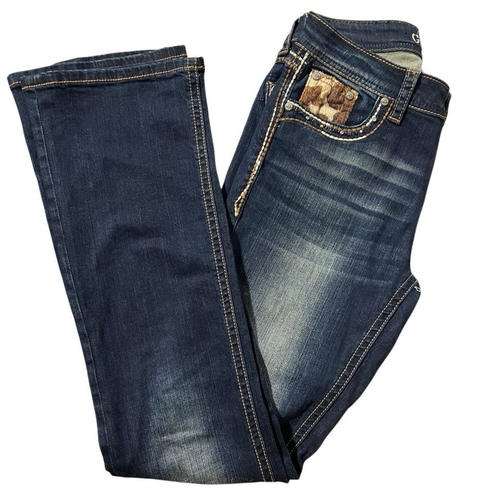 Western Glam Faux Pony Hair Grace LA bootcut dark wash Embellish Bling Jean 28